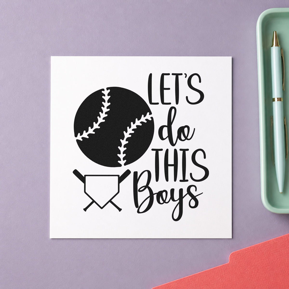 Let's Do This Boys Plate craft stamp in black ink on cardstock, an easy option for equipment bag tags.