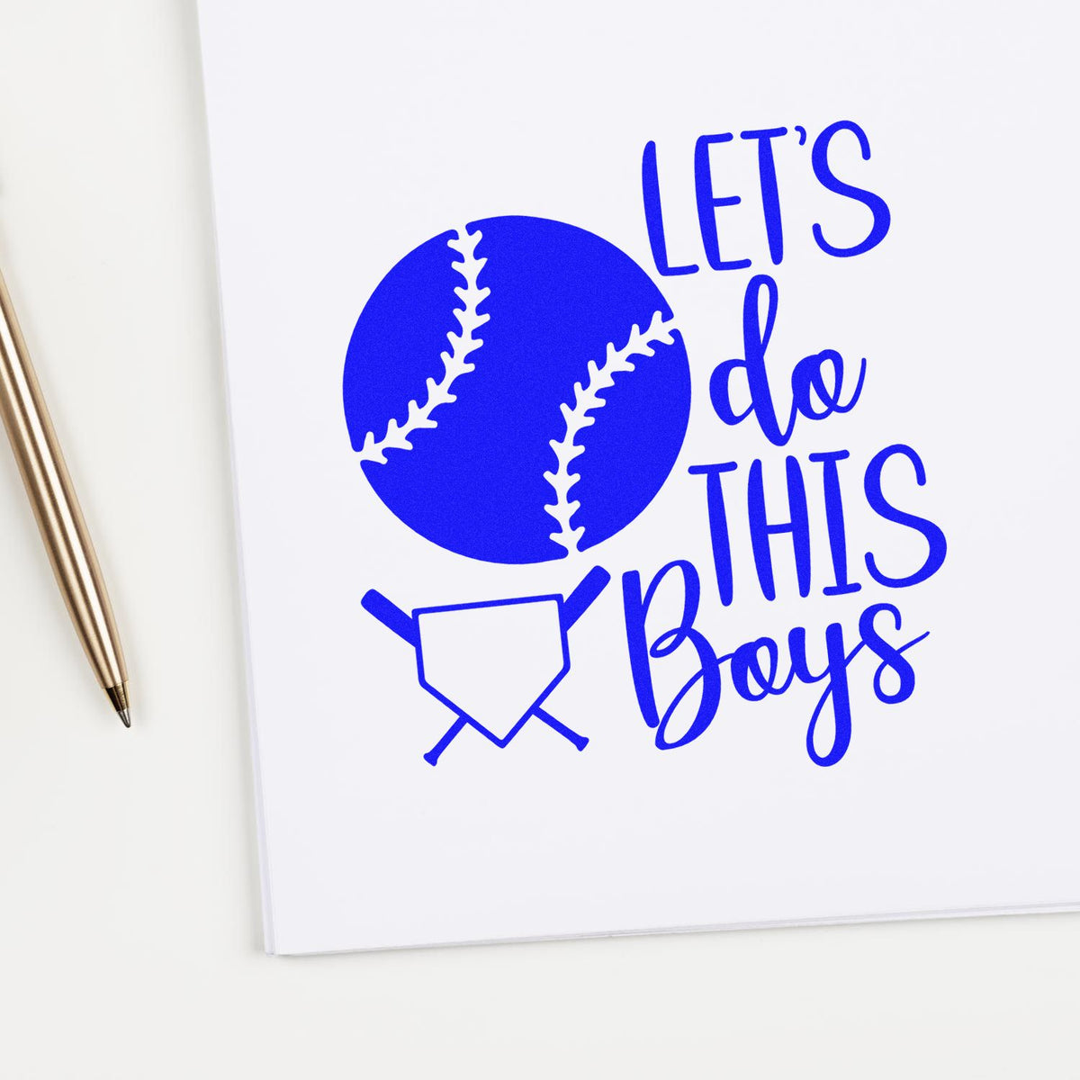 Blue baseball stamp and seal design with LETS do THIS Boys text and home plate icon on a white background.