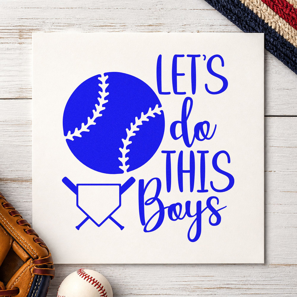 Let's Do This Boys Plate craft stamp in blue ink on cardstock, an easy option for locker room posters.