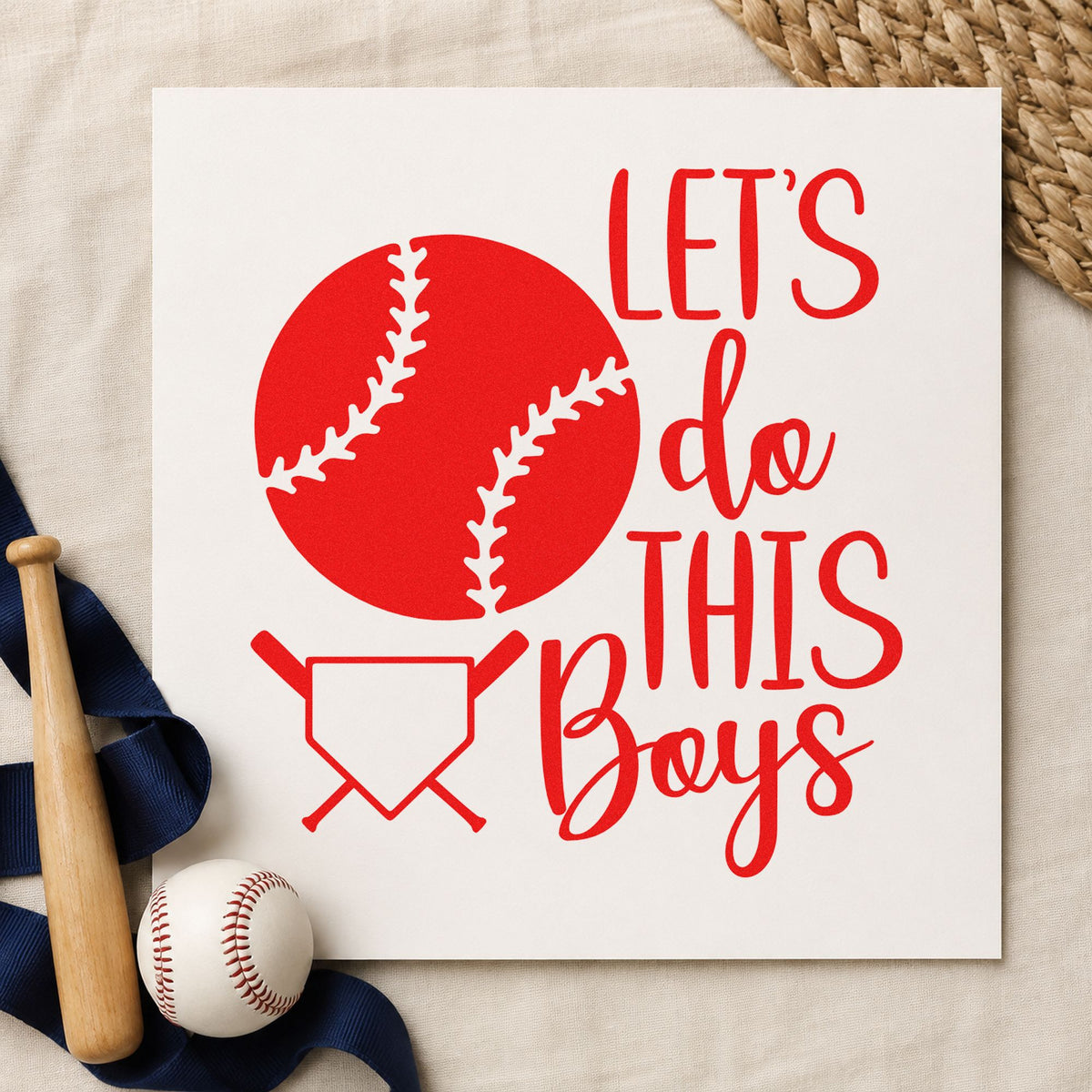 Let's Do This Boys Plate rubber stamp shown in red ink, stamped for projects such as trophy ribbon tags.