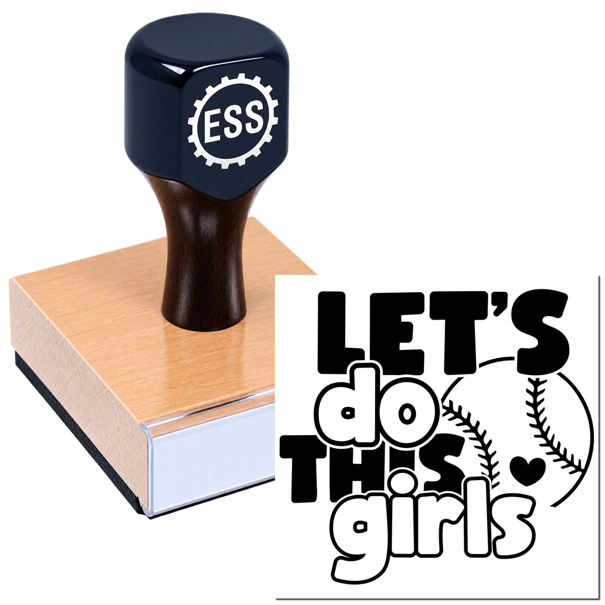 Navy ESS self-inking stamp on a wooden block beside a black-and-white "LET'S do THIS girls" seal design.