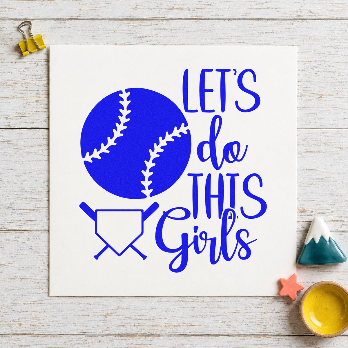 Let's Do This Girls Plate craft stamp imprinted in blue ink on paper, a design suited to tournament hotel signs.
