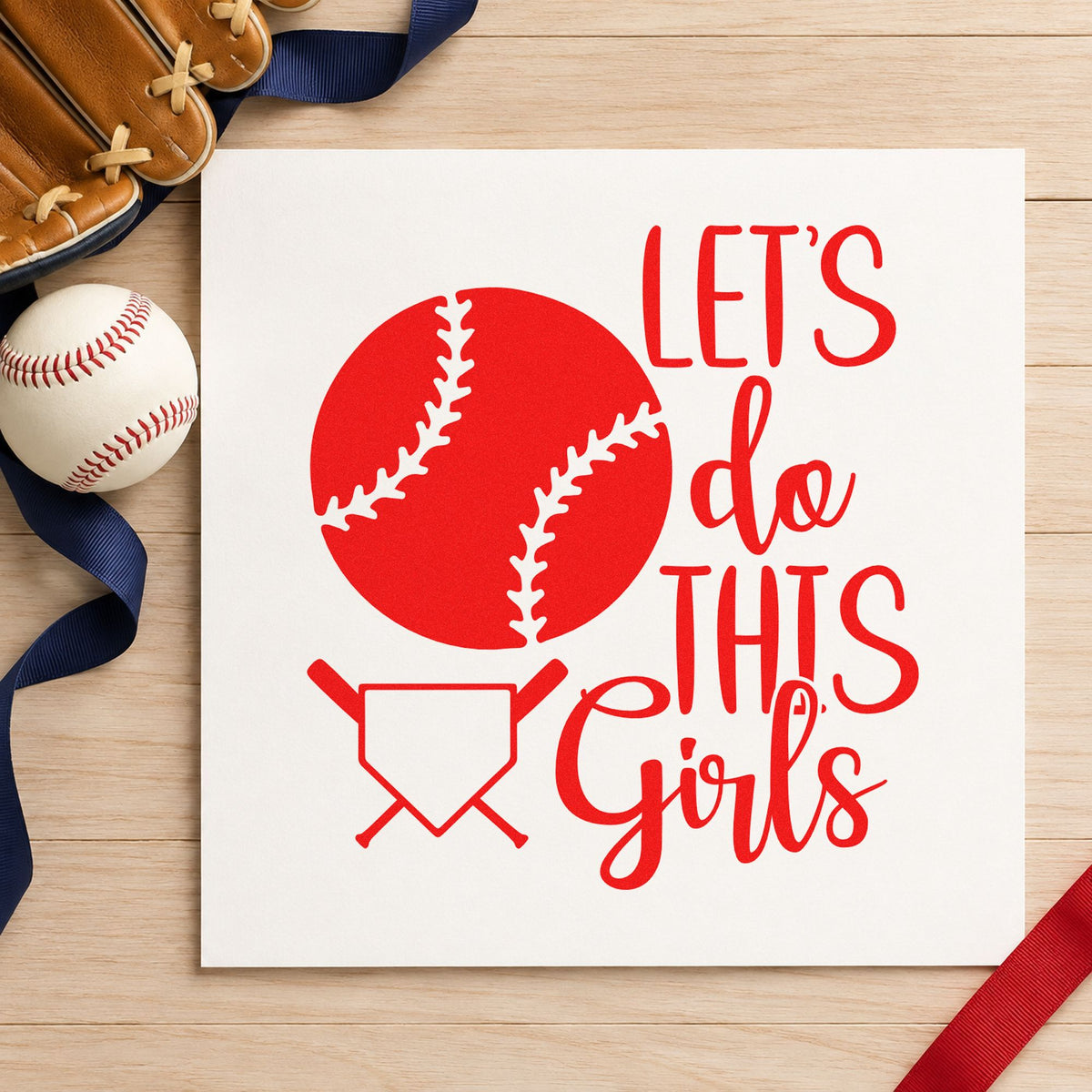 Let's Do This Girls Plate rubber stamp shown in red ink, stamped for projects such as awards night tags.