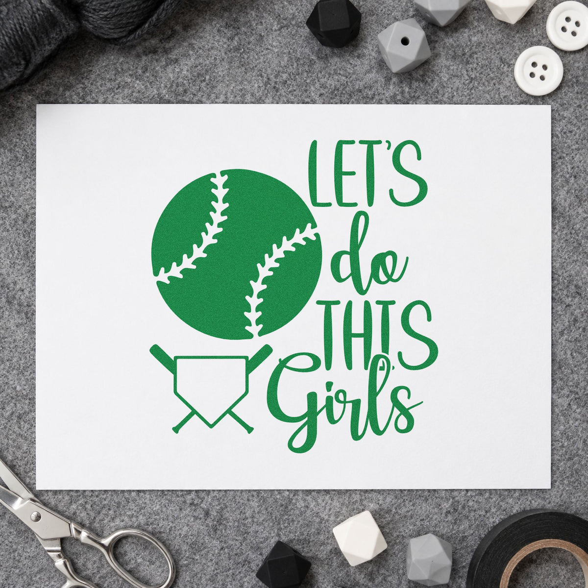 Let's Do This Girls Plate craft stamp imprint in green ink on a handmade project, one idea being coach thank-you cards.