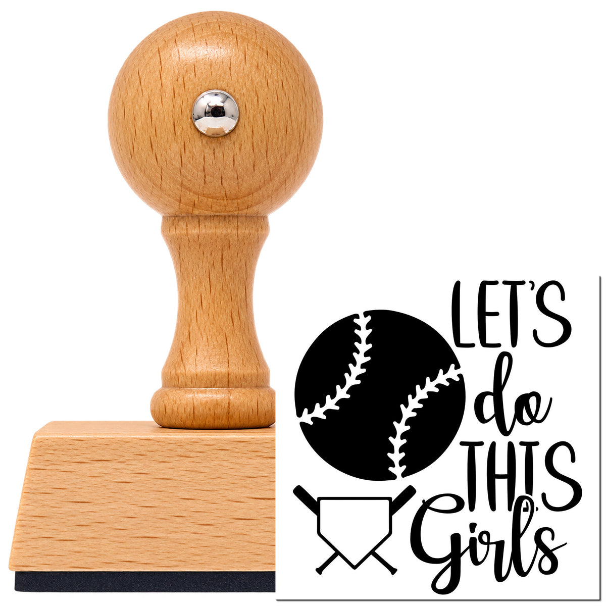 Vintage Pro beech wood stamp with a round knob handle, shown with its black Let's Do This Girls Plate imprint on white.
