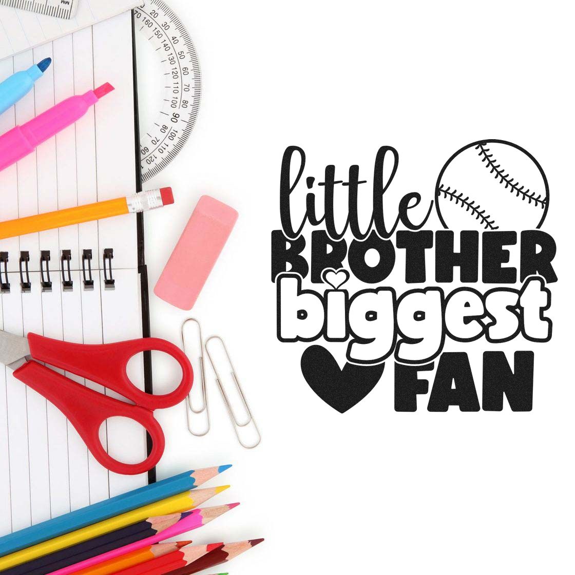 Black-and-white little brother biggest fan baseball stamp design with heart, beside colorful school supplies on white background.