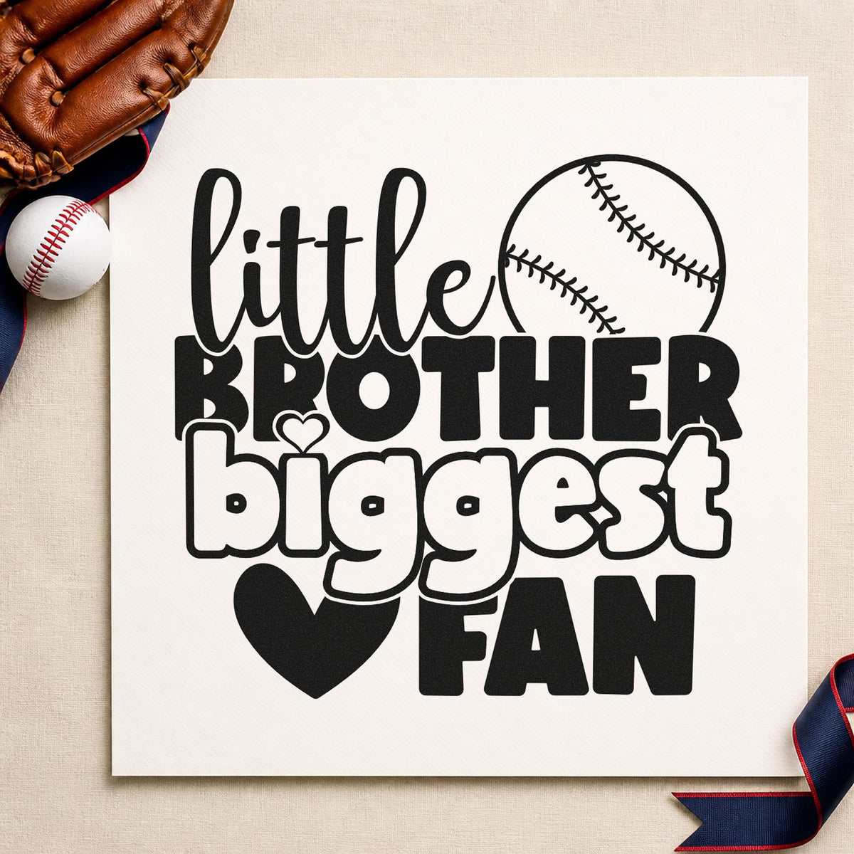 Little Brother Baseball Fan craft stamp imprint in black ink on a handmade project, one idea being scrapbook sibling pages.