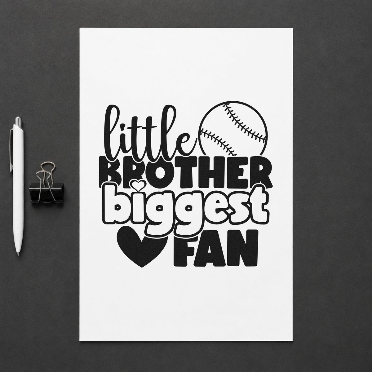 Little Brother Baseball Fan rubber stamp printed in black ink, ready for coloring craft sheets and similar paper crafts.