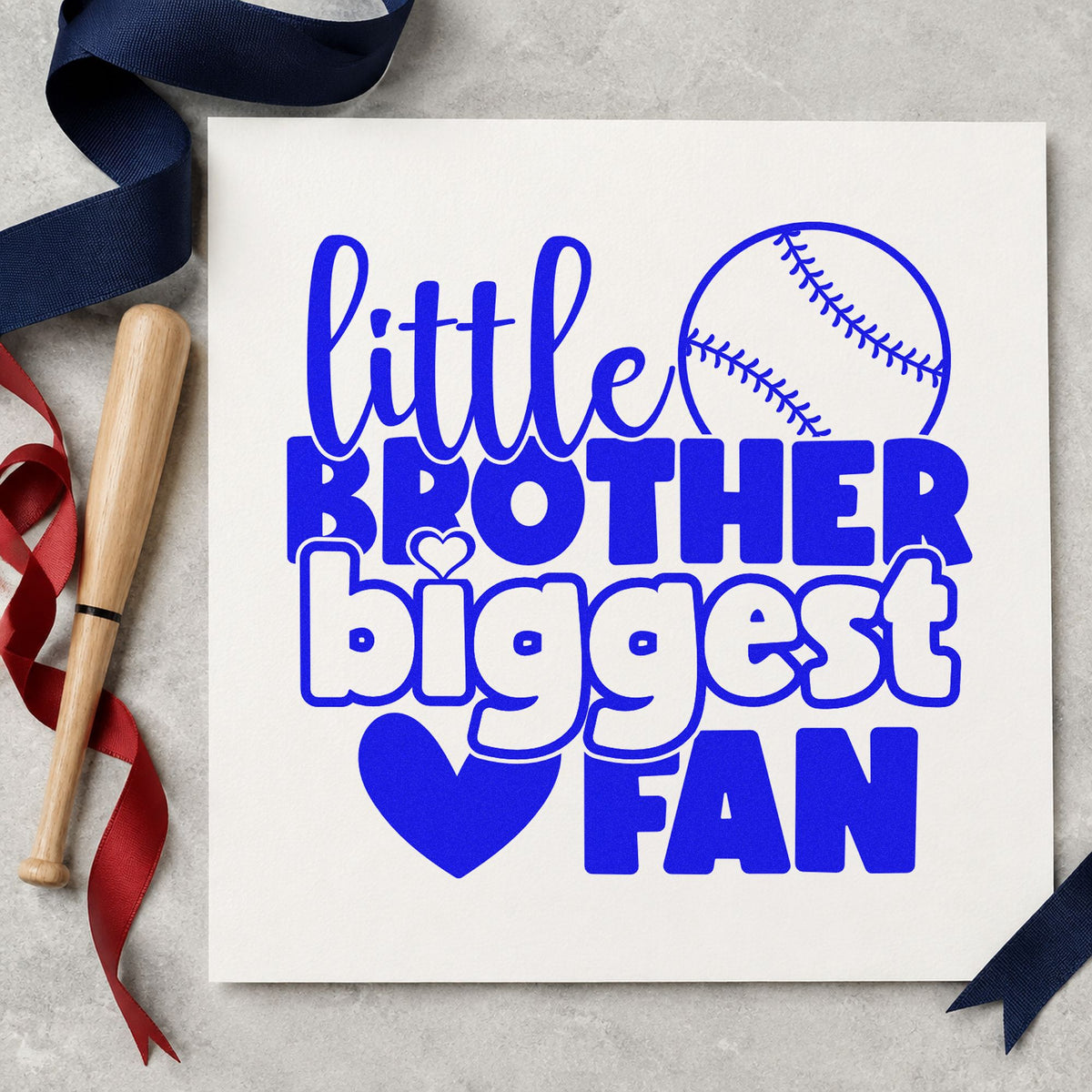 Little Brother Baseball Fan craft stamp in blue ink on cardstock, an easy option for party favor tags.