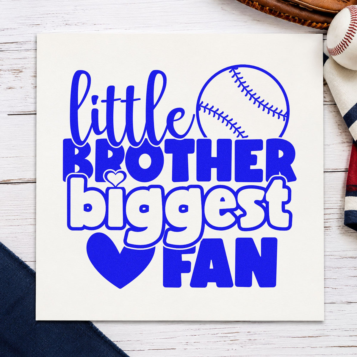 Little Brother Baseball Fan craft stamp imprinted in blue ink on paper, a design suited to bedroom door signs.
