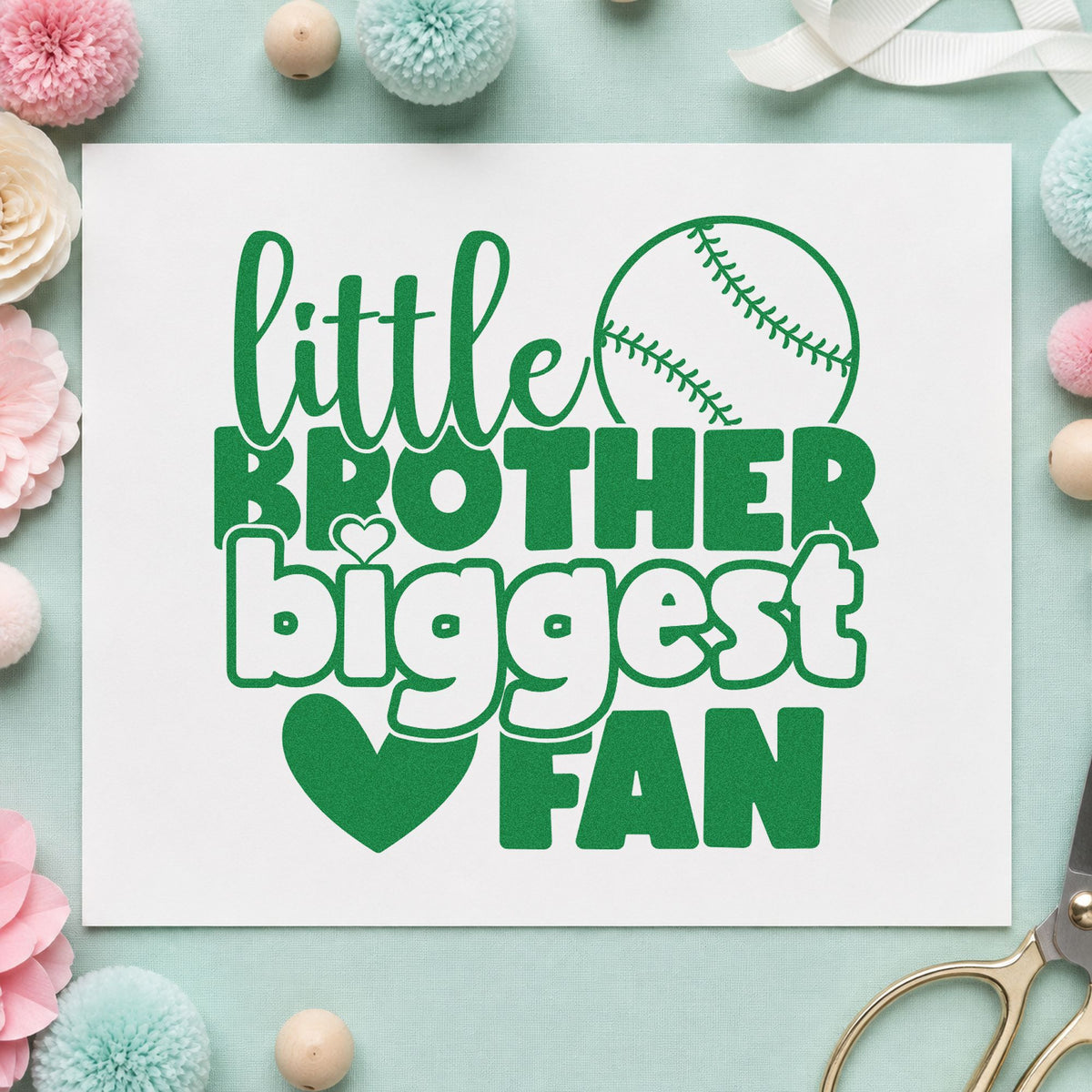 Little Brother Baseball Fan craft stamp imprint in green ink on a handmade project, one idea being picture frame mats.