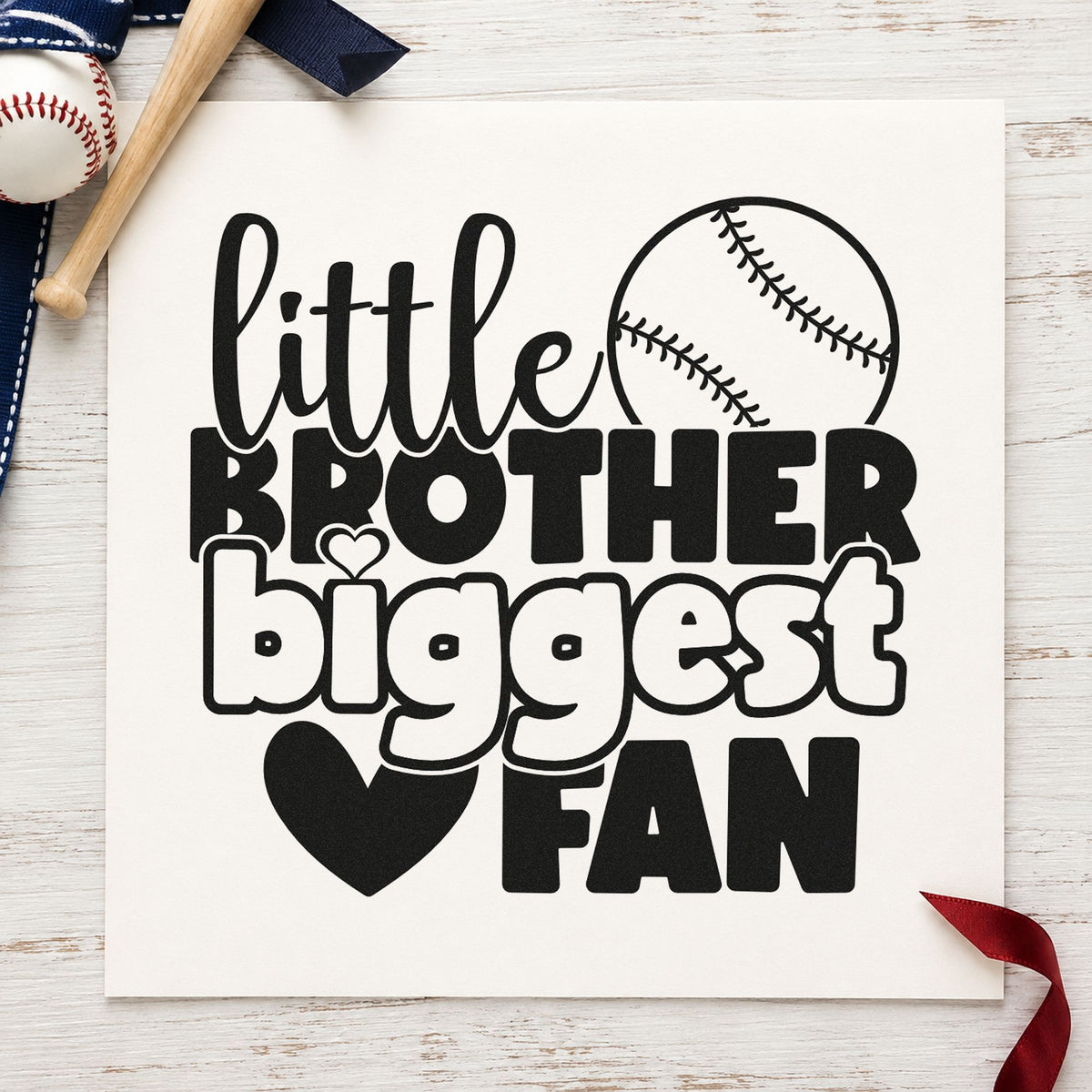 Little Brother Baseball Fan rubber stamp printed in black ink, ready for brother birthday cards and similar paper crafts.