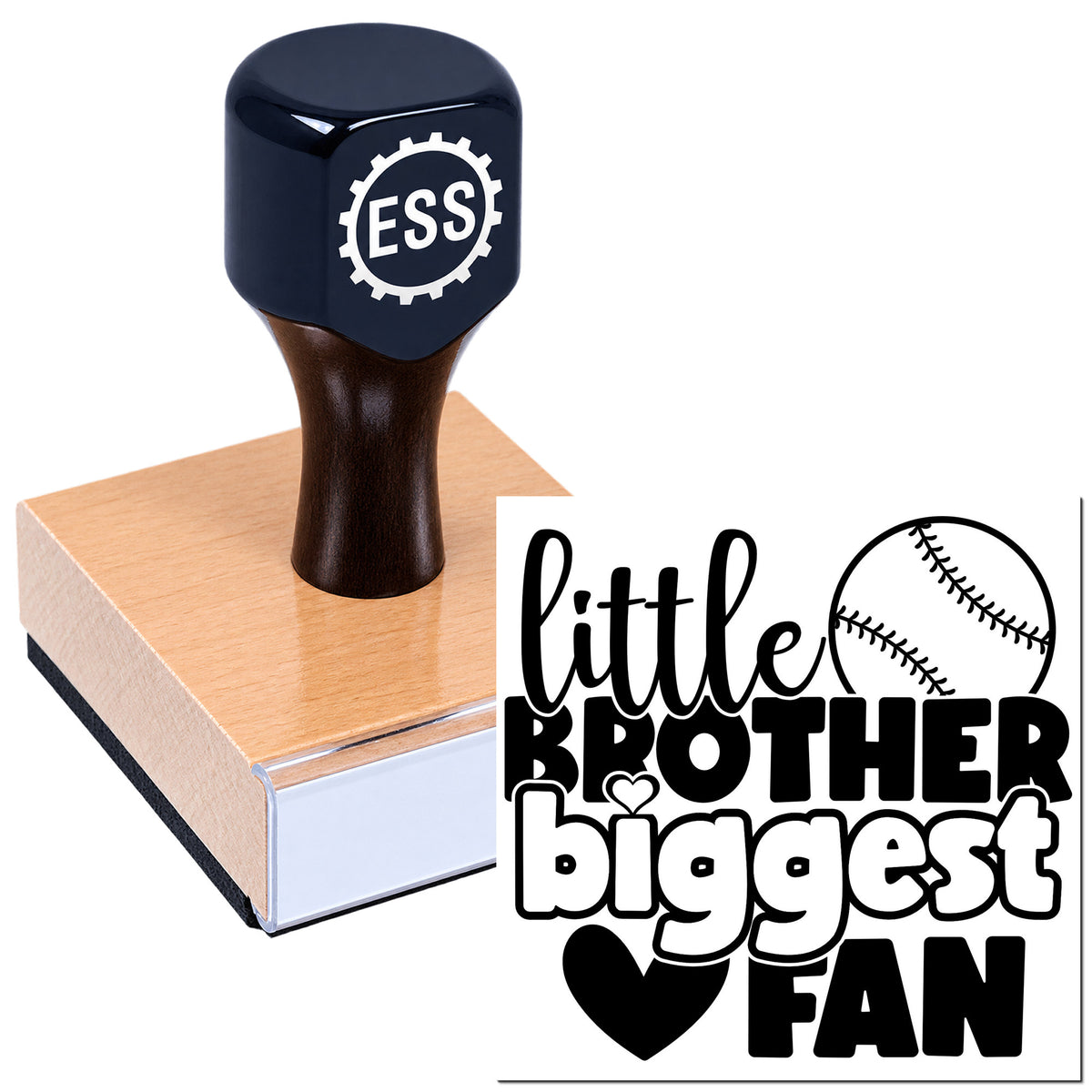 Navy ESS self-inking stamp and custom seal on pink wood block, featuring Little Brother Biggest Fan baseball design.