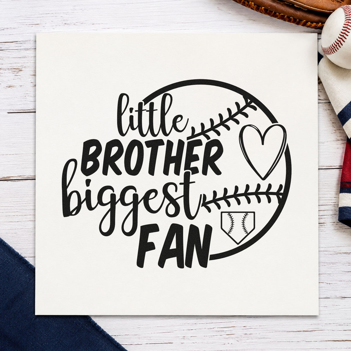 Little Brother Half Ball Fan craft stamp imprint in black ink on a handmade project, one idea being nursery wall art.