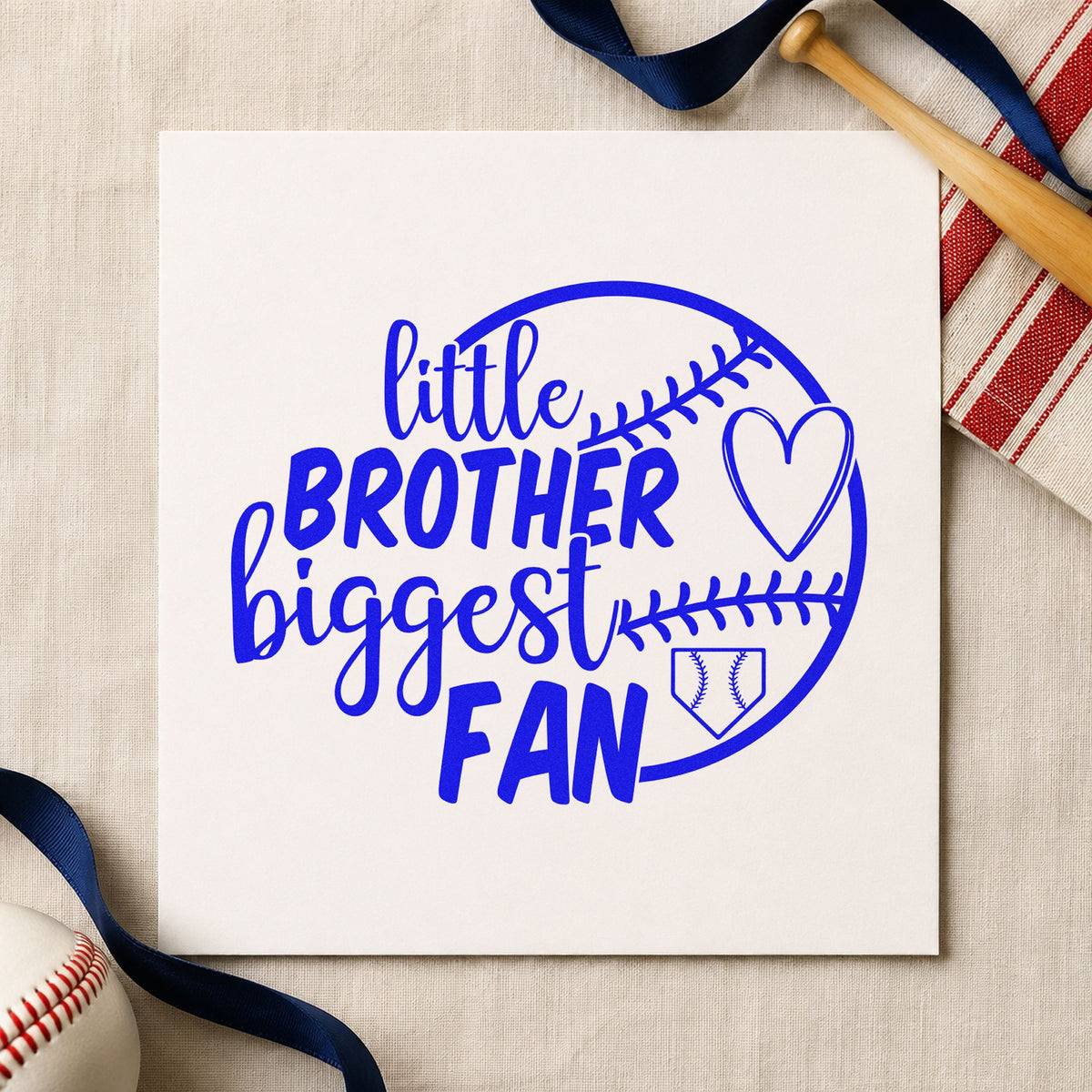 Little Brother Half Ball Fan craft stamp in blue ink on cardstock, an easy option for onesie stamping.