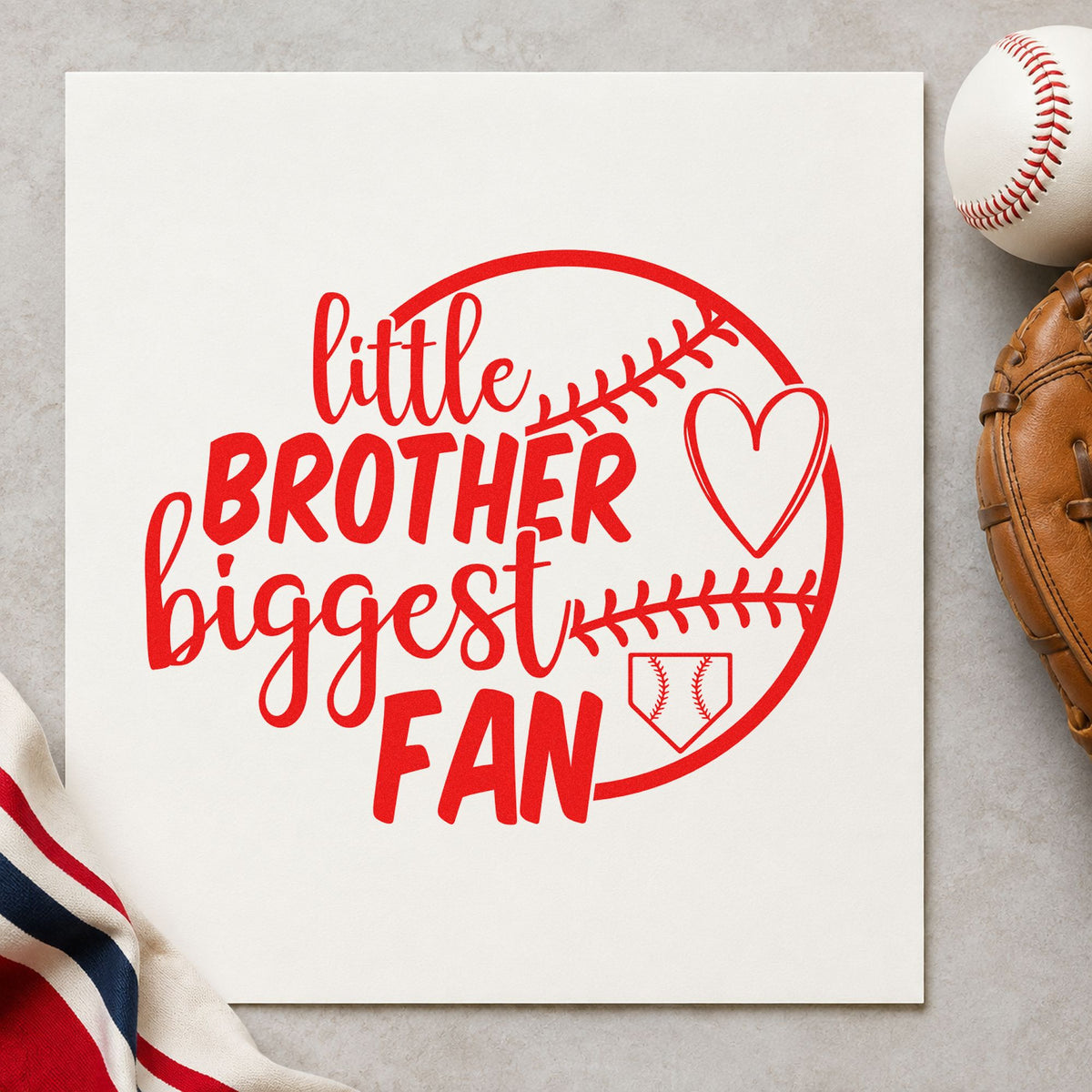Little Brother Half Ball Fan rubber stamp shown in red ink, stamped for projects such as baby gift bags.