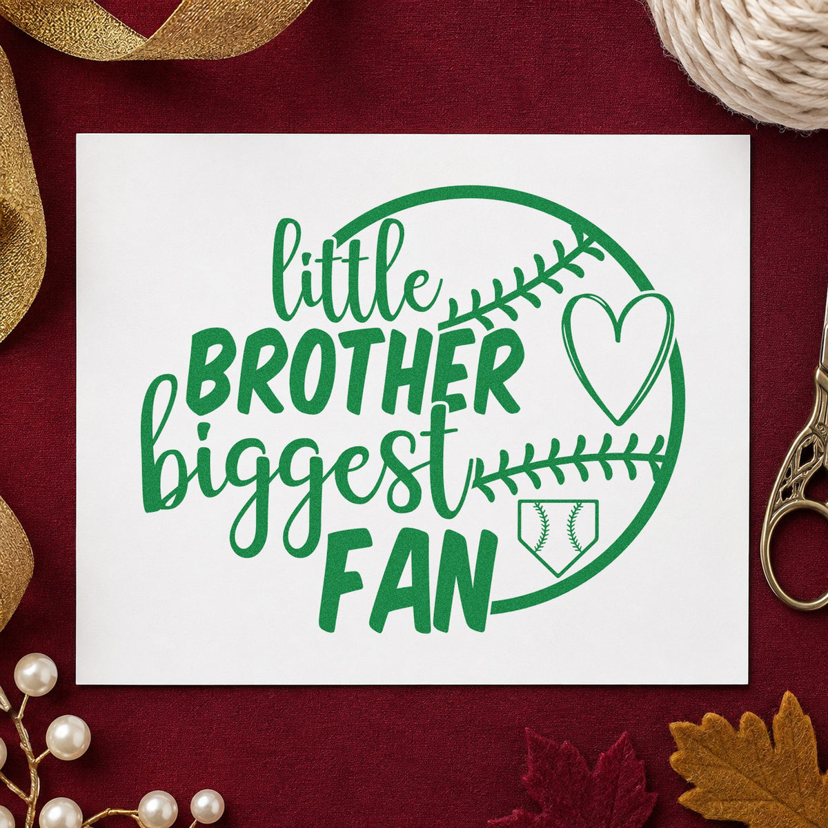 Little Brother Half Ball Fan craft stamp imprint in green ink on a handmade project, one idea being milestone photo cards.