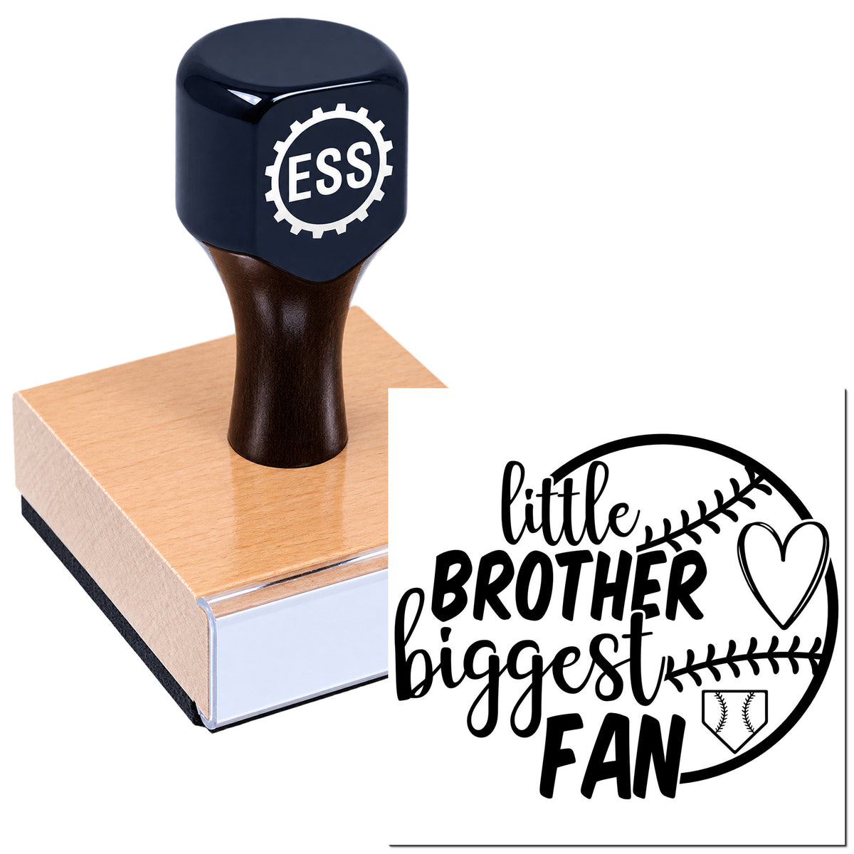 Dark blue ESS rubber stamp on wooden block with black "little brother biggest fan" baseball seal design.