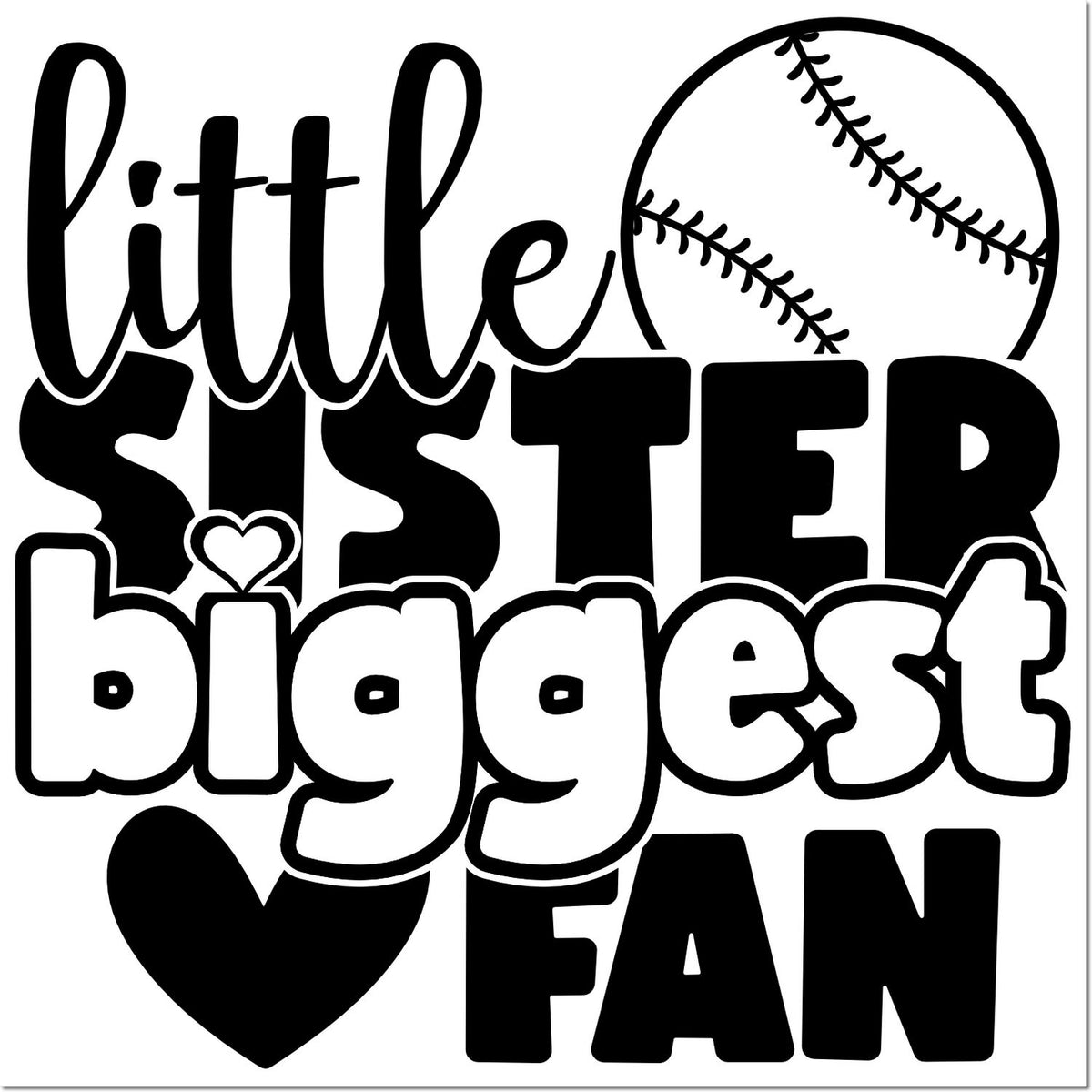 Black-and-white baseball-themed little sister biggest fan stamp seal with heart and baseball graphic.