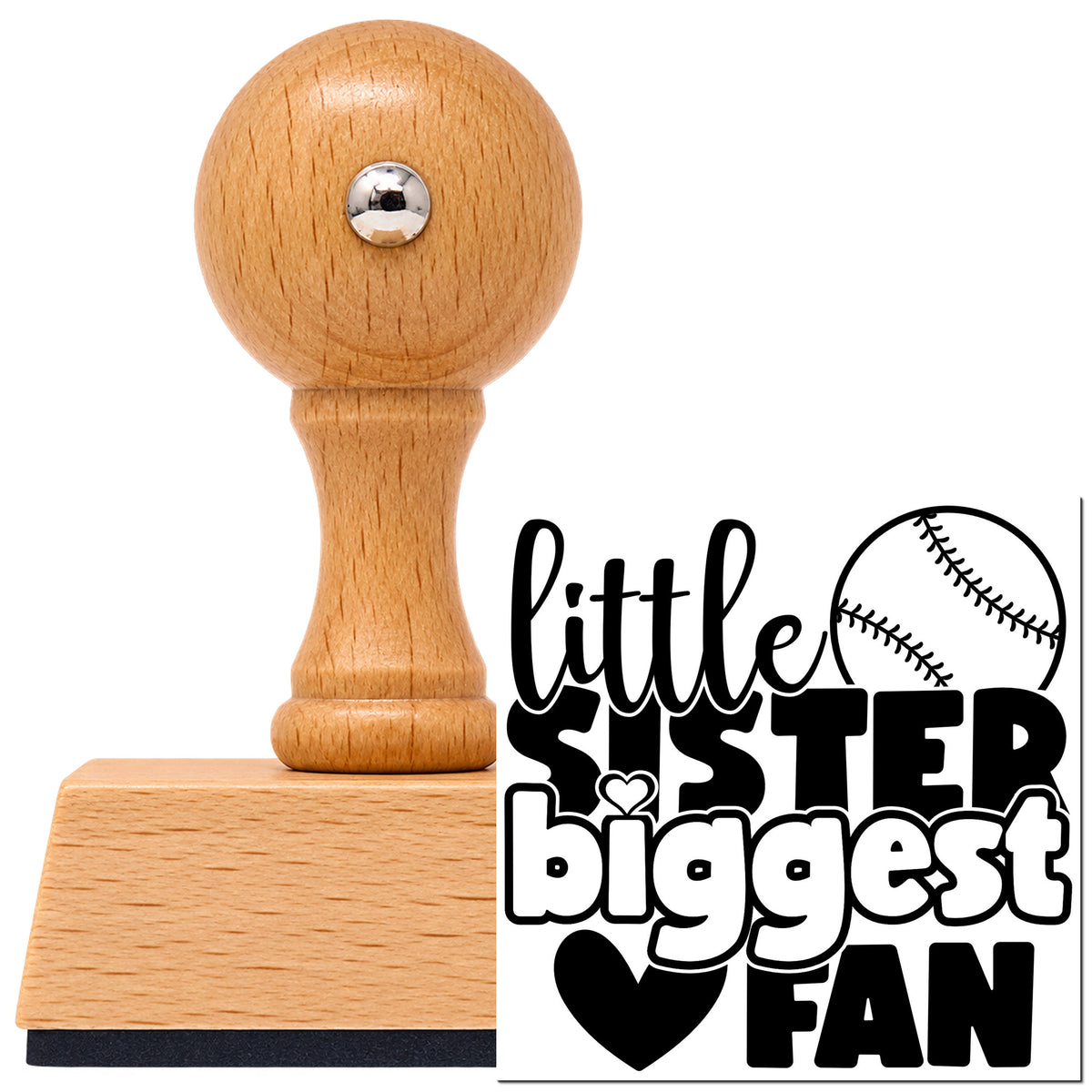 Vintage Pro beech wood stamp with a round knob handle, shown with its black Little Sister Baseball Fan With Hearts imprint on white.