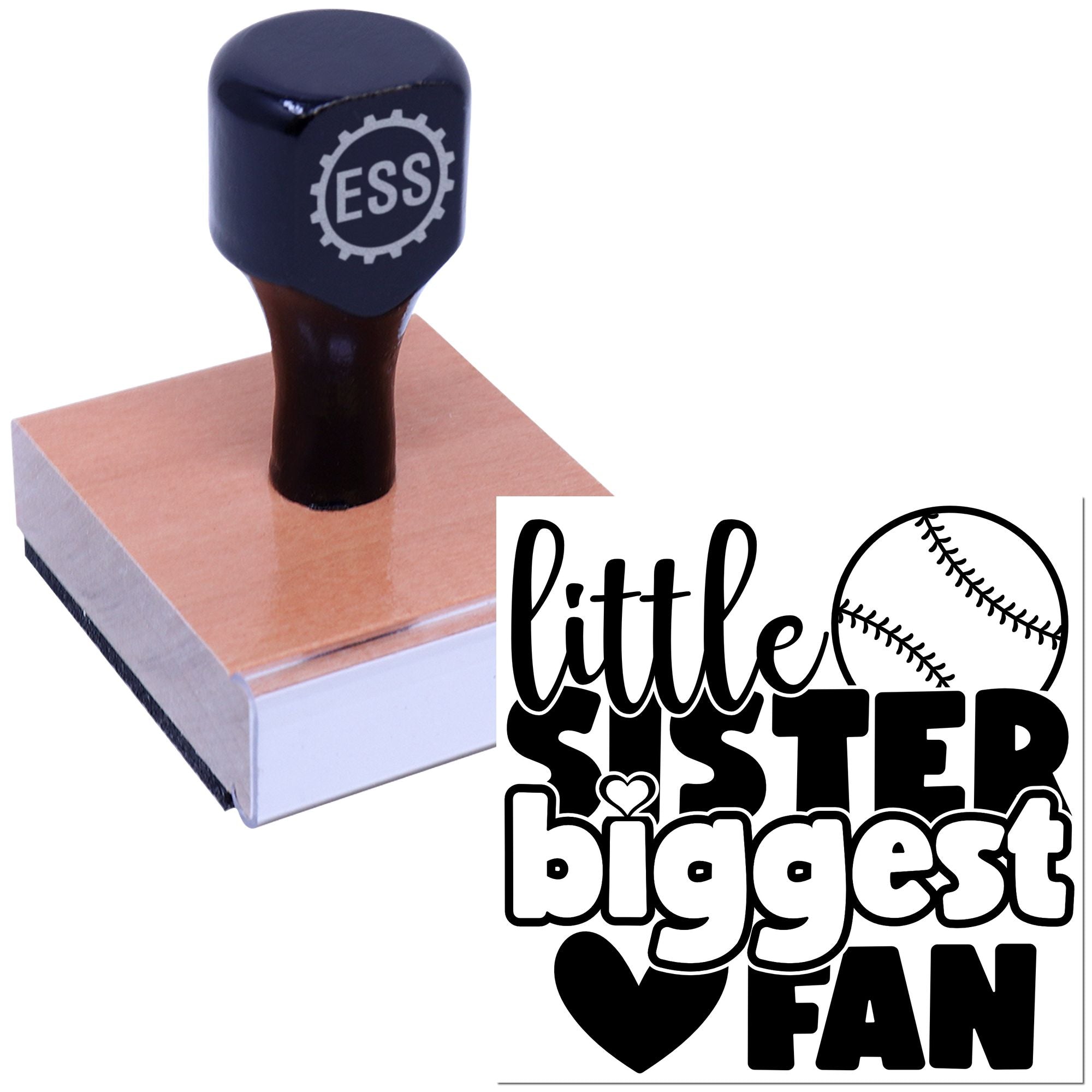 Navy custom stamp and seal on a pink block, featuring a Little Sister Biggest Fan baseball design.