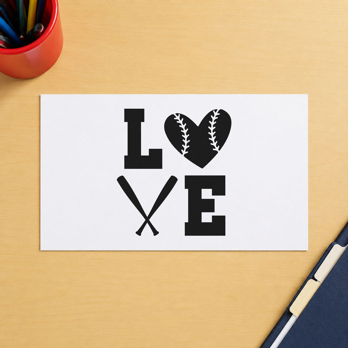 Baseball Heart and Bats Love craft stamp in black ink on cardstock, an easy option for wedding favor tags.
