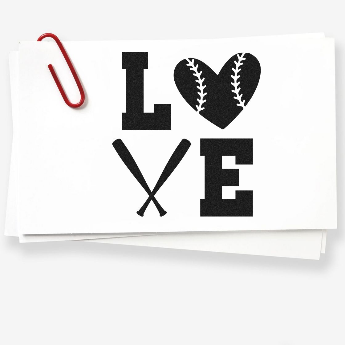 White stamp and seal cards with black LOVE design, baseball heart, crossed bats, and a red paperclip clip.