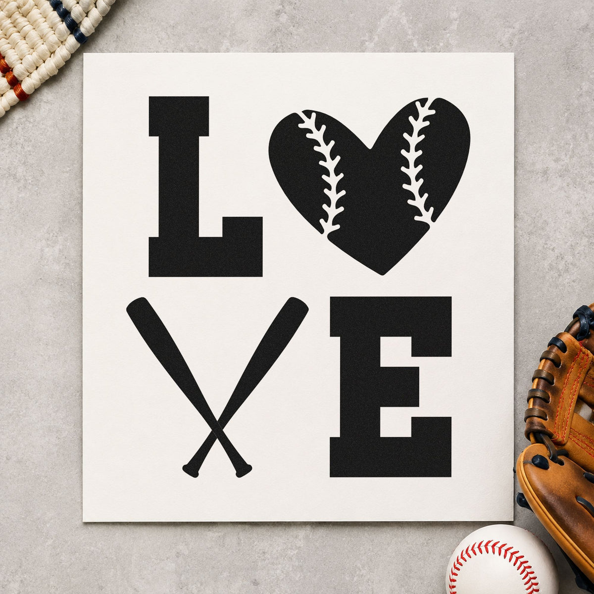 Baseball Heart and Bats Love craft stamp imprint in black ink on a handmade project, one idea being couples scrapbook pages.