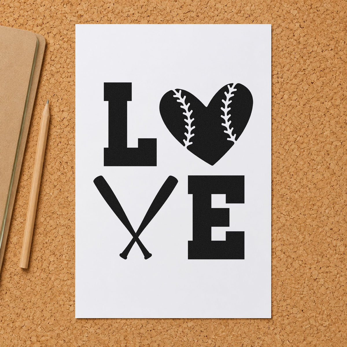 Baseball Heart and Bats Love rubber stamp printed in black ink, ready for gift wrap pattern and similar paper crafts.