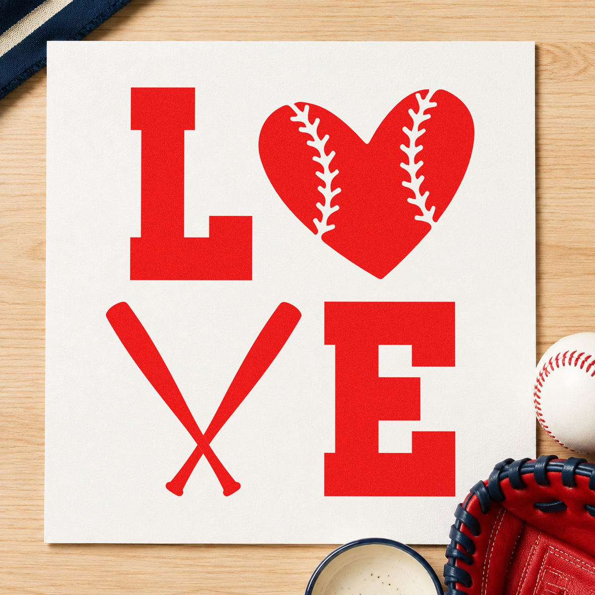 Baseball Heart and Bats Love rubber stamp shown in red ink, stamped for projects such as save-the-dates.