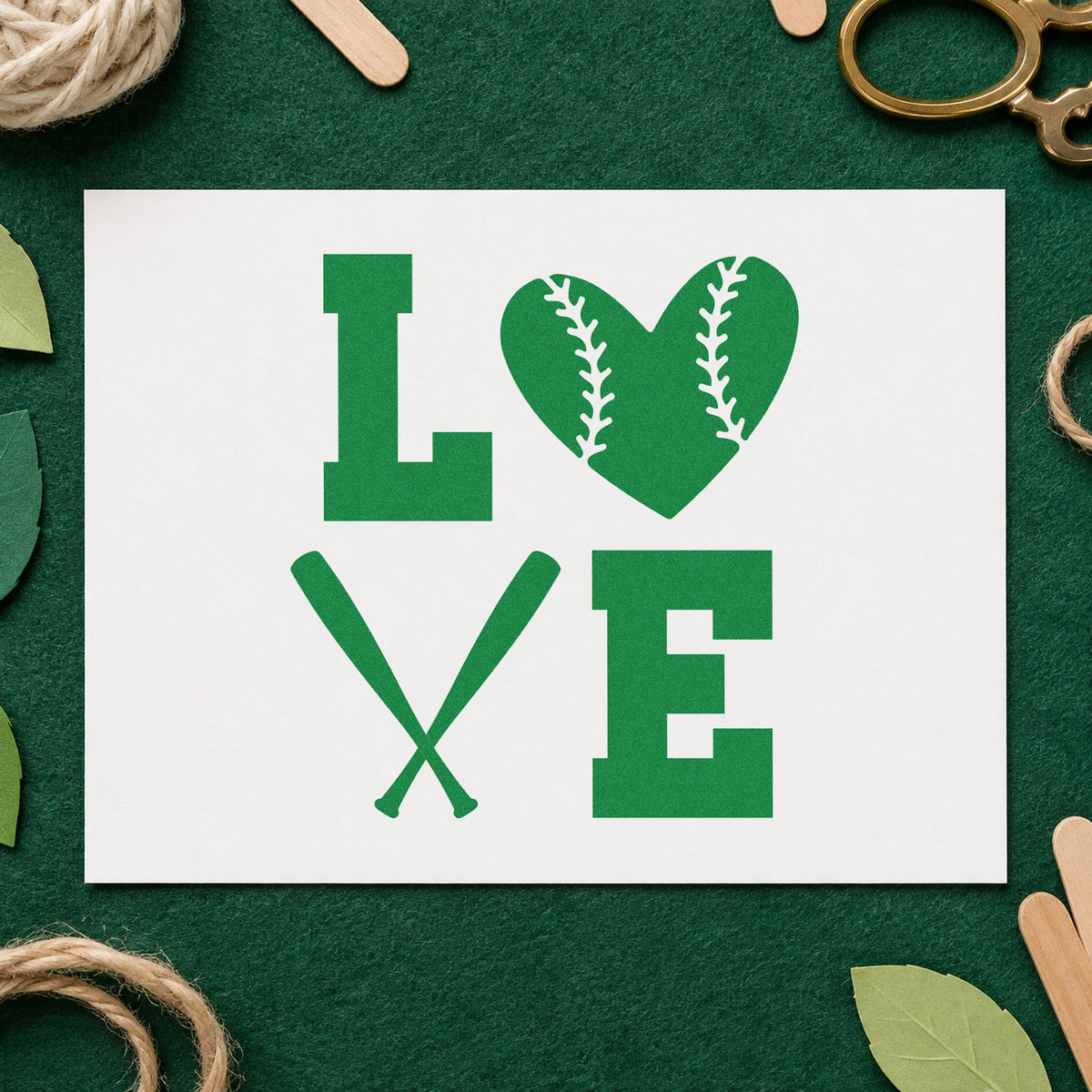 Baseball Heart and Bats Love craft stamp imprint in green ink on a handmade project, one idea being canvas wall art.