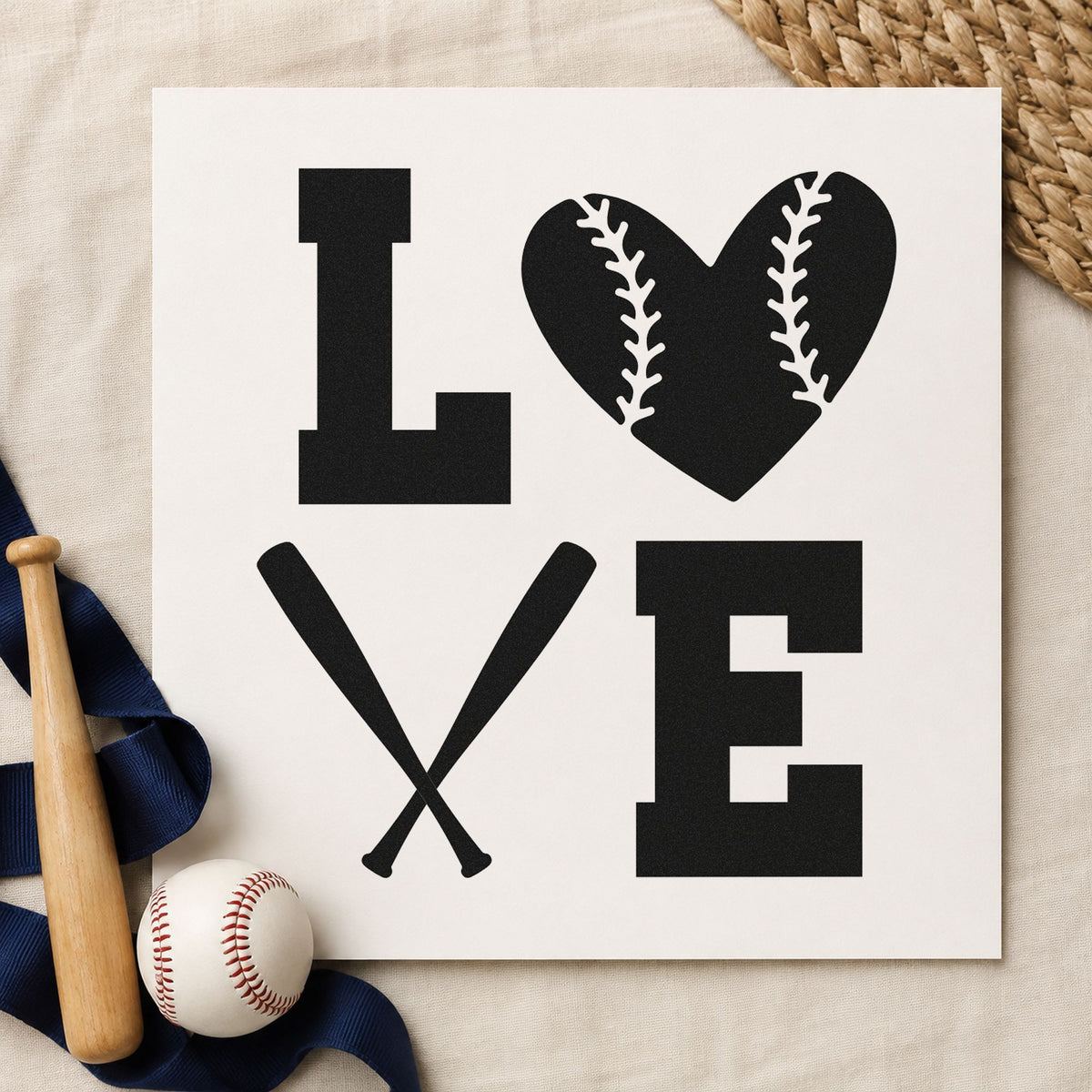 Baseball Heart and Bats Love rubber stamp printed in black ink, ready for anniversary cards and similar paper crafts.