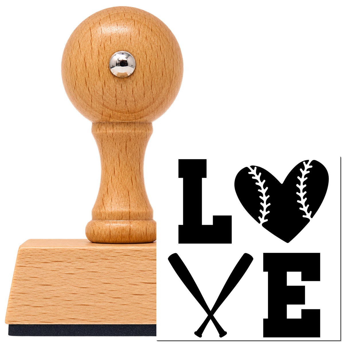 Vintage Pro beech wood stamp with a round knob handle, shown with its black Baseball Heart And Bats Love imprint on white.