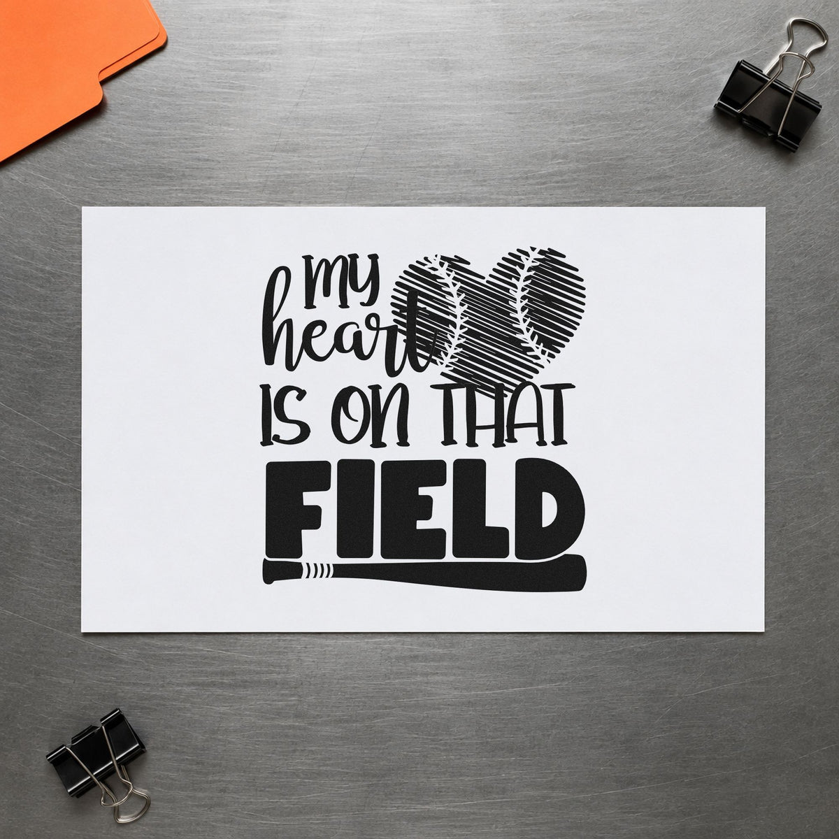 Distressed Baseball Heart Field craft stamp in black ink on cardstock, an easy option for farmhouse wall art.