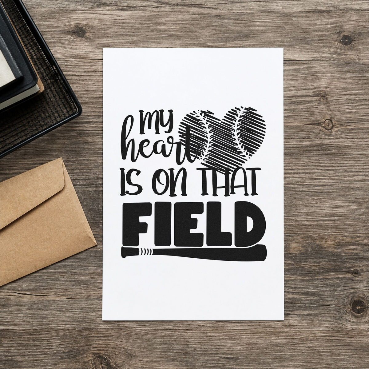 Distressed Baseball Heart Field rubber stamp printed in black ink, ready for senior night frames and similar paper crafts.