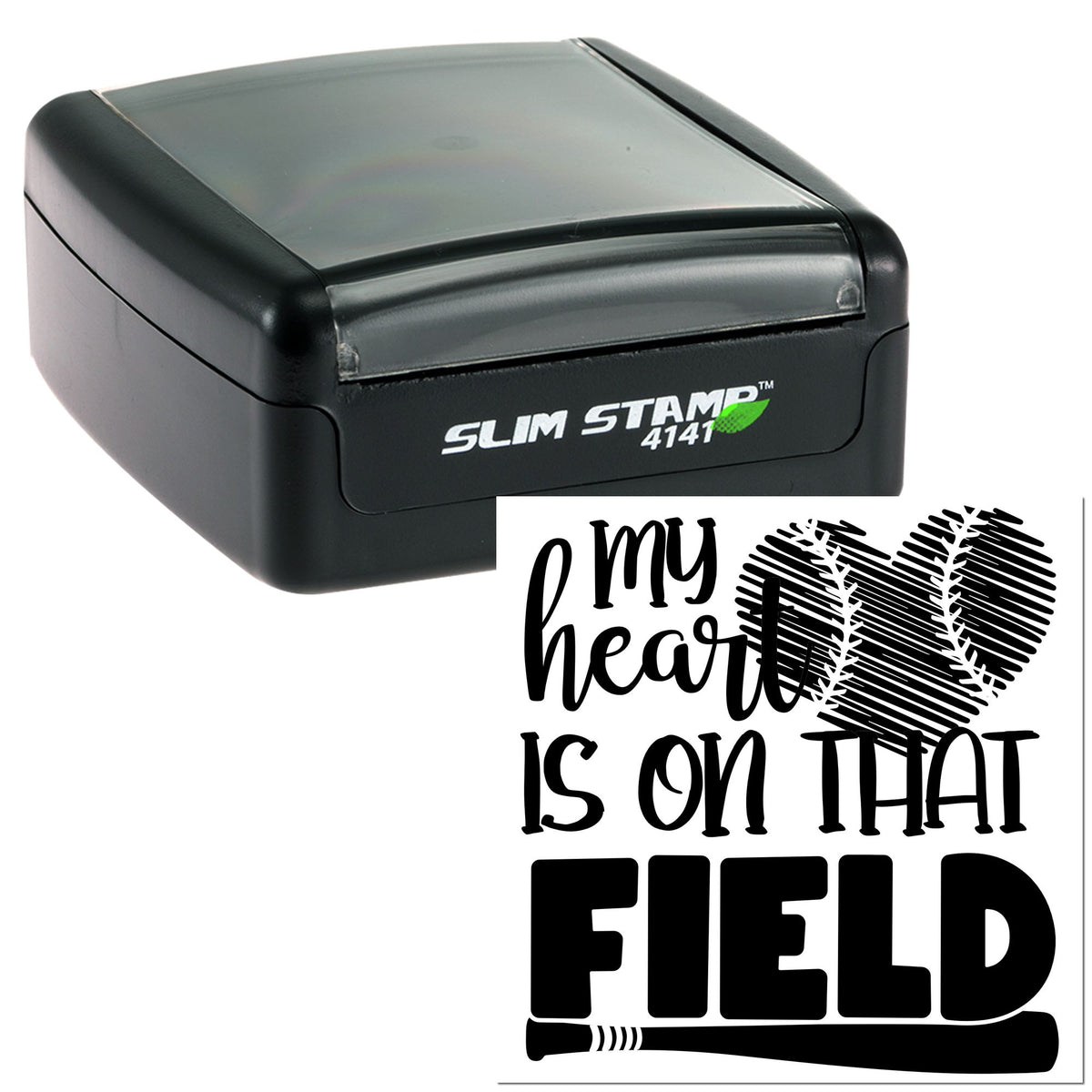 Black self-inking Slim Stamp 4141 with baseball-themed seal: my heart is on that field in black and white.