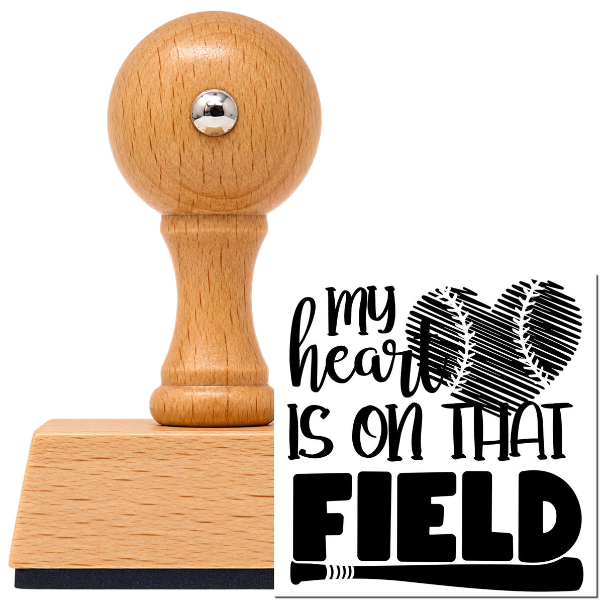 Vintage Pro beech wood stamp with a round knob handle, shown with its black My Heart Is On That Field Distressed Ball imprint on white.