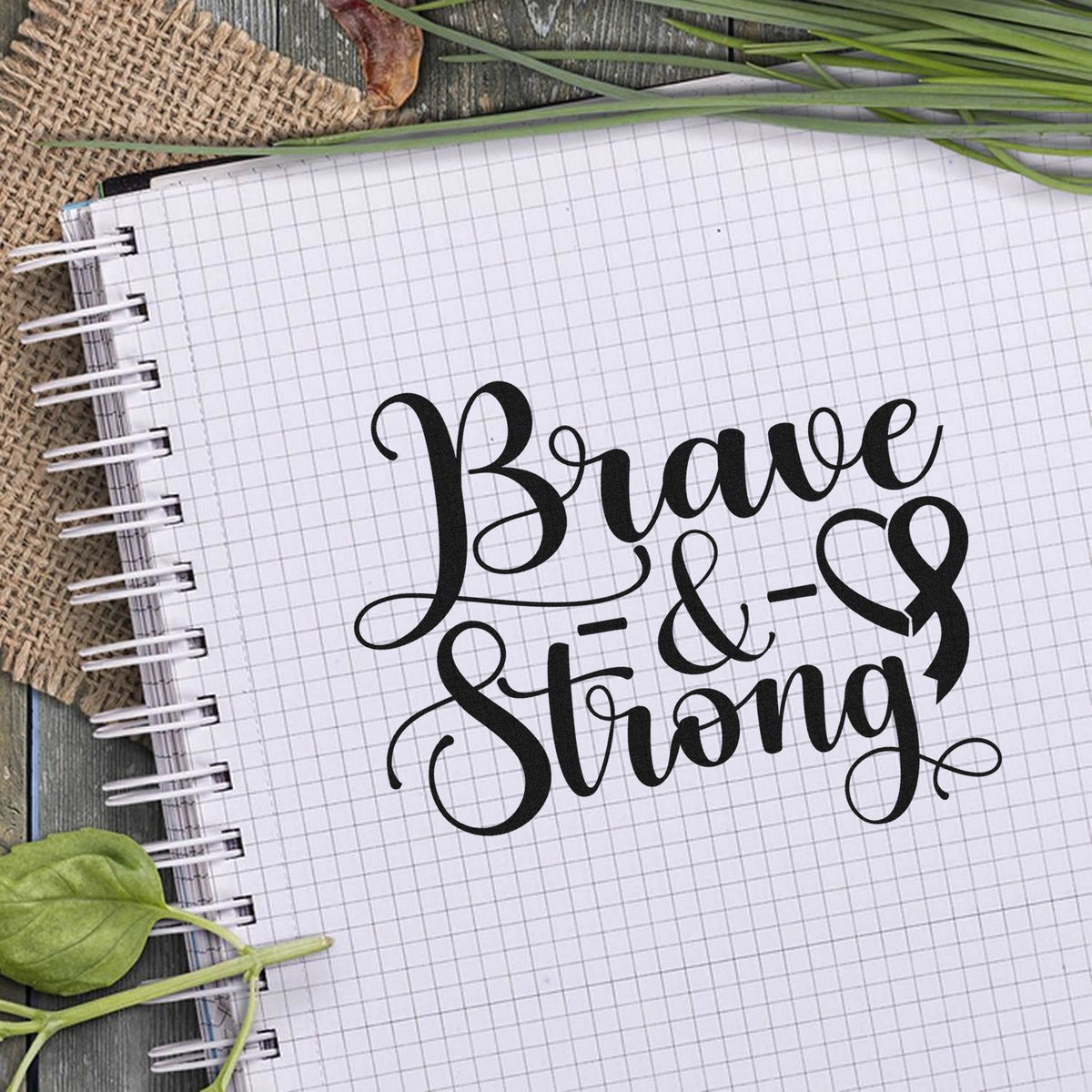 Black Brave & Strong stamp and seal on a white grid notebook, styled with green leaves and rustic burlap accents.