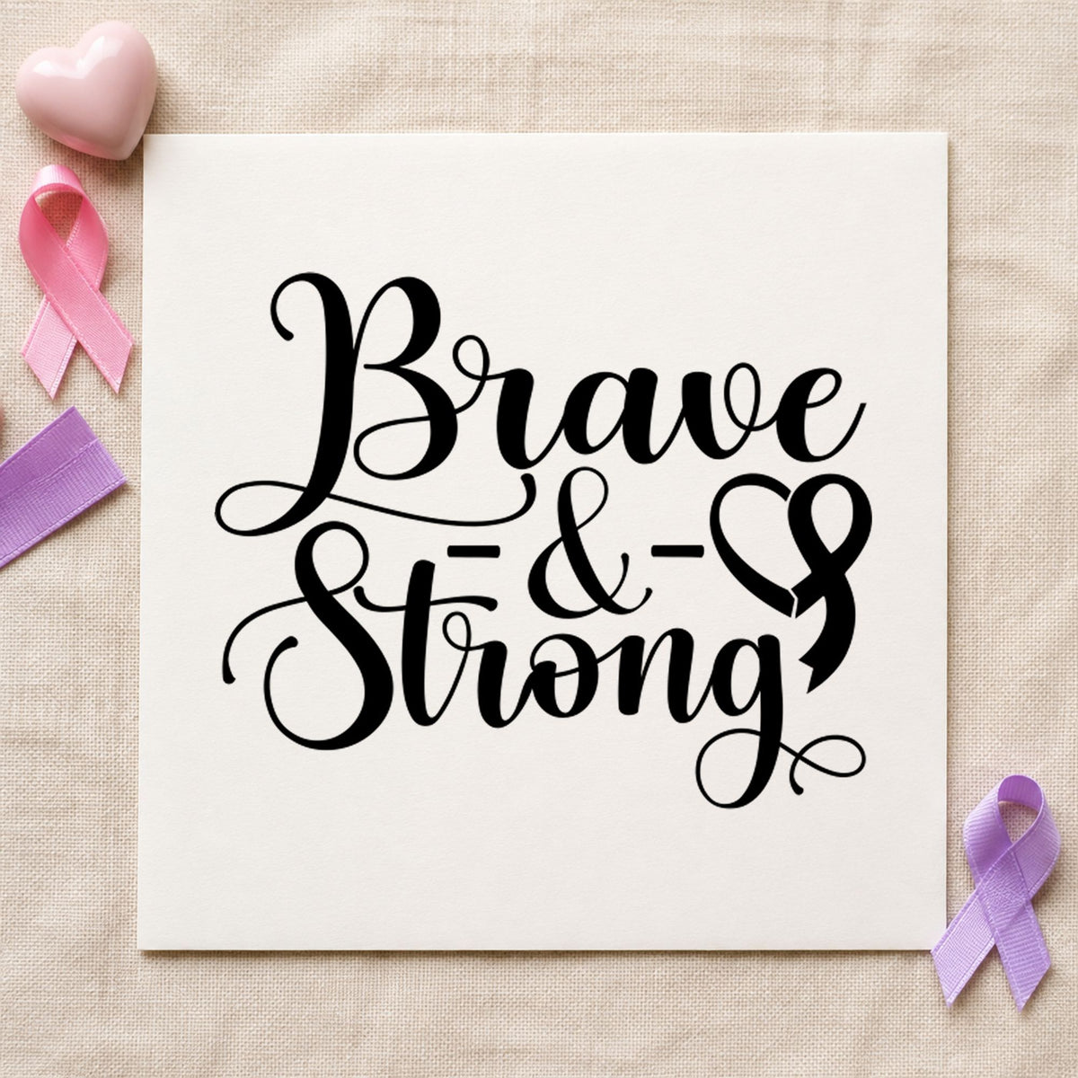 Brave and Strong craft stamp imprint in black ink on a handmade project, one idea being journal cover stamping.