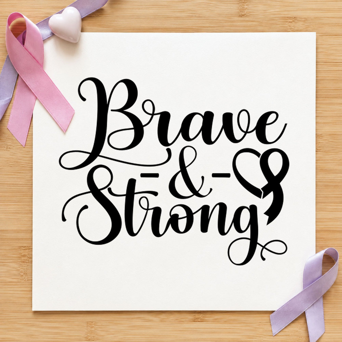 Brave and Strong craft stamp in black ink on cardstock, an easy option for ribbon bookmarks.