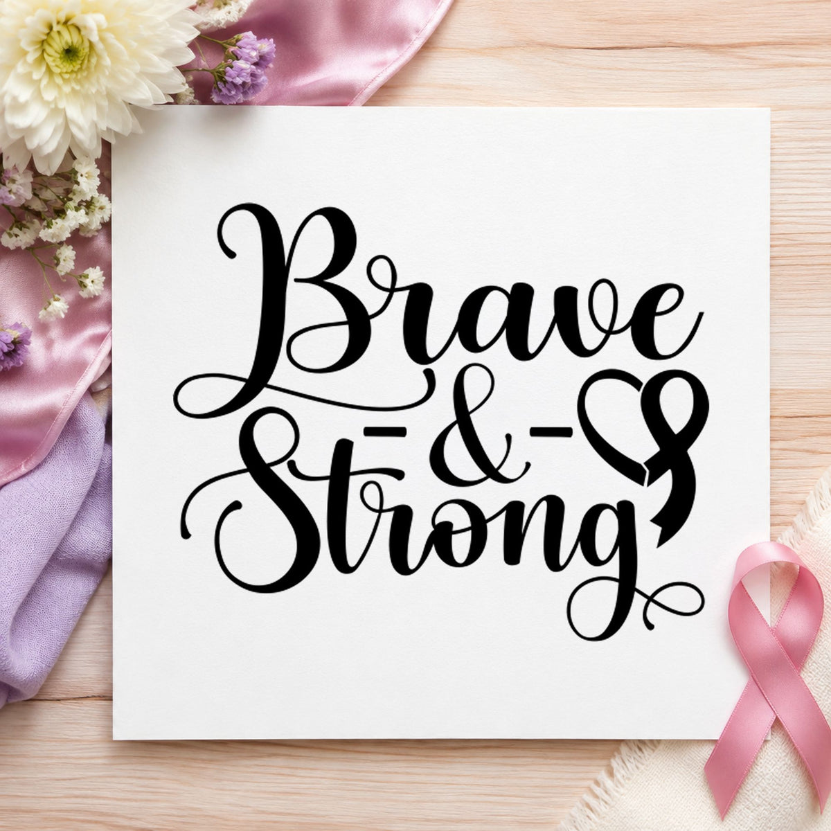 Brave and Strong craft stamp imprinted in black ink on paper, a design suited to fundraiser table signs.