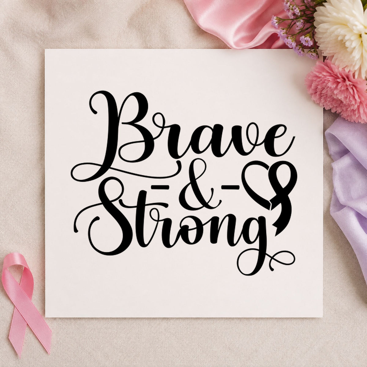 Brave and Strong craft stamp imprint in black ink on a handmade project, one idea being framed recovery art.