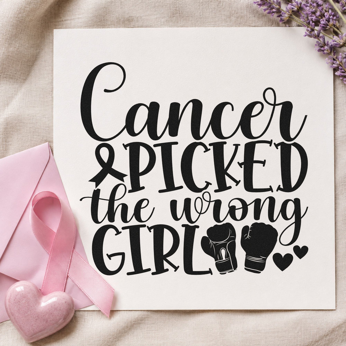Cancer Picked the Wrong Girl craft stamp in black ink on cardstock, an easy option for last chemo party invites.