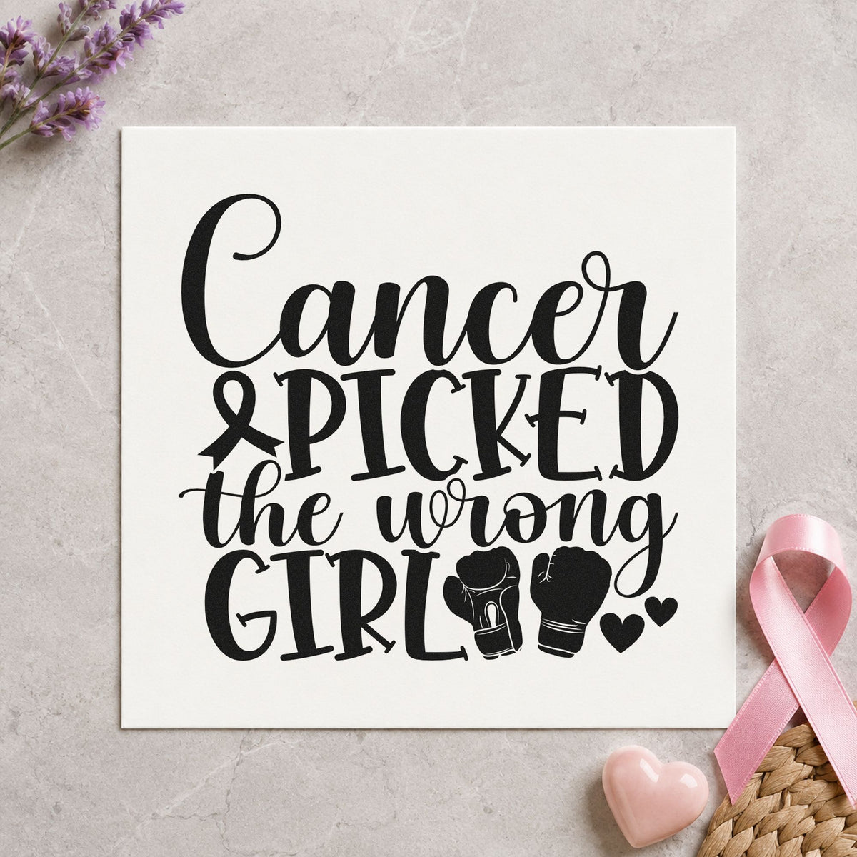 Cancer Picked the Wrong Girl rubber stamp shown in black ink, stamped for projects such as scrapbook milestone pages.