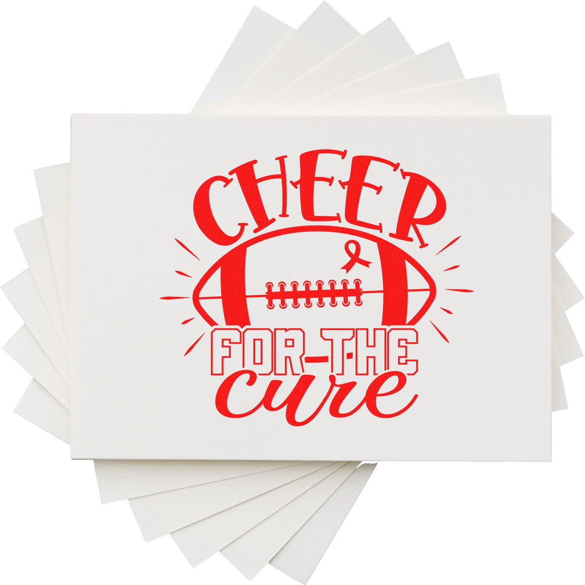 White stamp and seal cards with red Cheer for the Cure football design