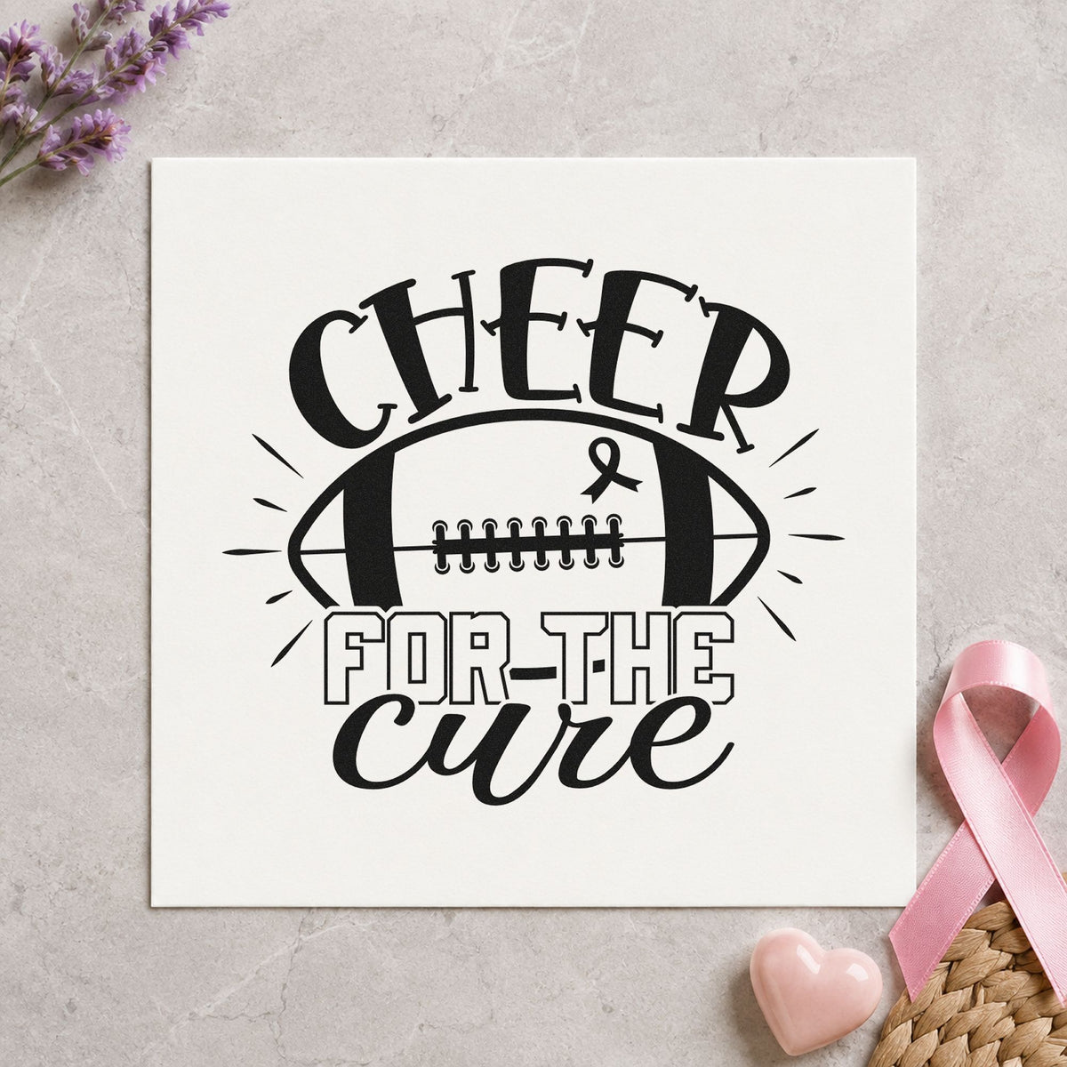 Cheer for the Cure craft stamp imprint in black ink on a handmade project, one idea being cheer squad gifts.