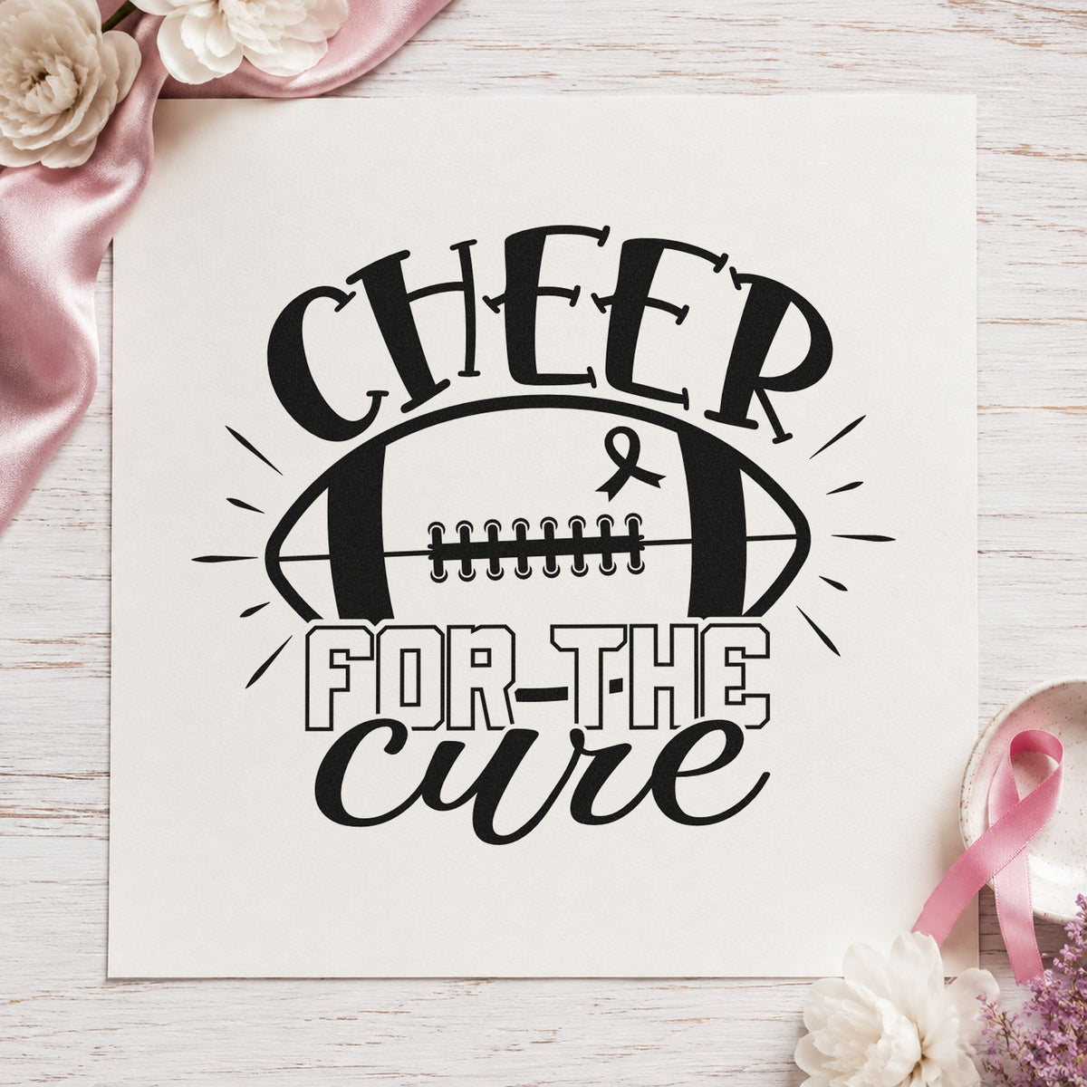 Cheer for the Cure craft stamp imprinted in black ink on paper, a design suited to team tee transfers.