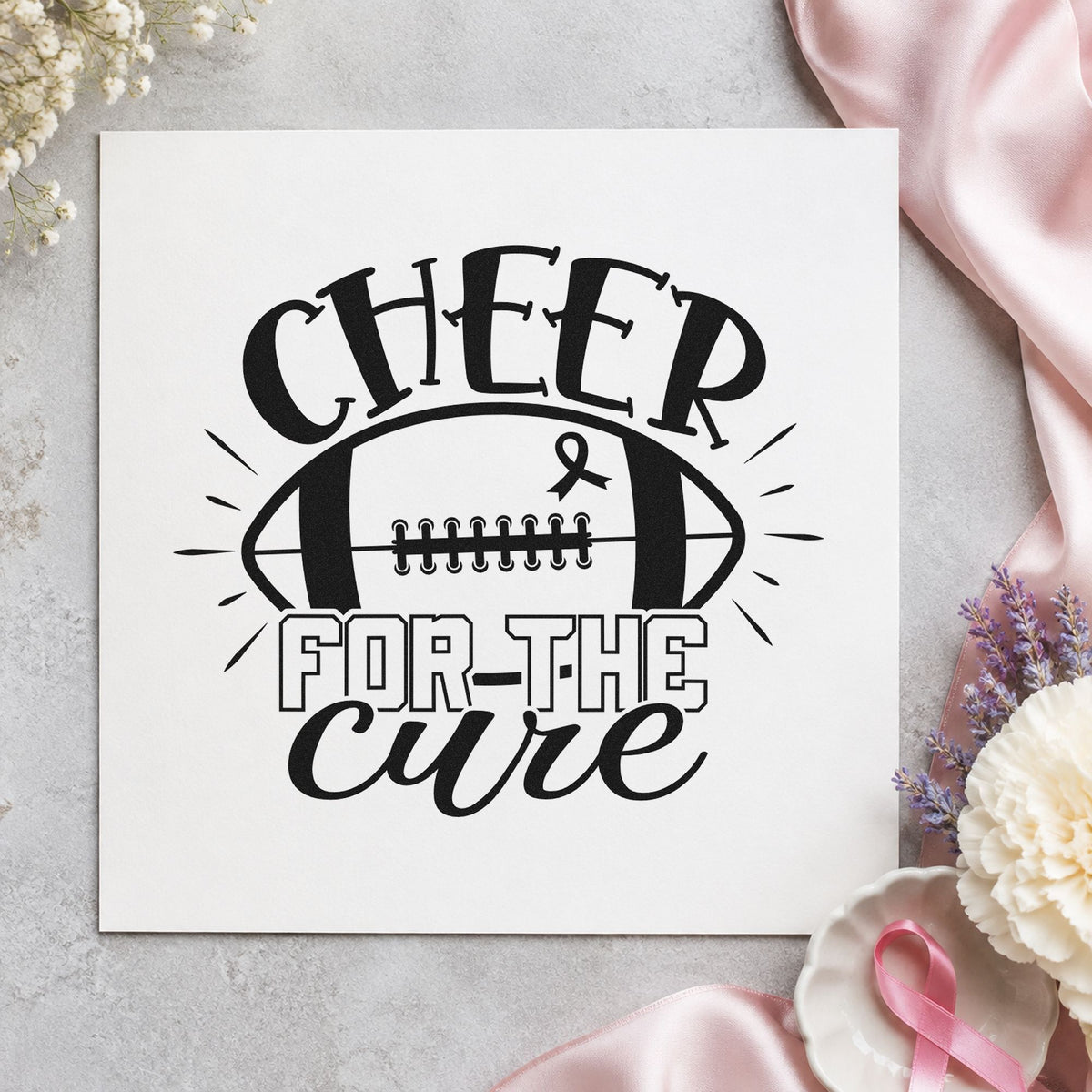 Cheer for the Cure craft stamp imprint in black ink on a handmade project, one idea being halftime honor cards.
