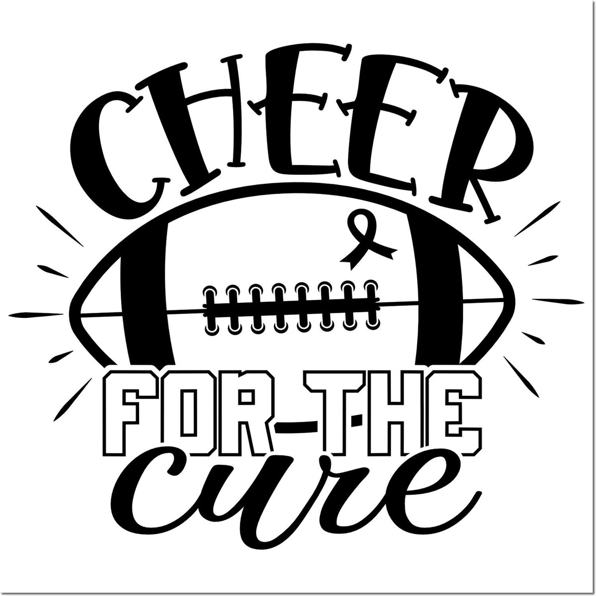 Black-and-white Cheer for the Cure football stamp and seal design with ribbon, football graphic, and bold lettering.