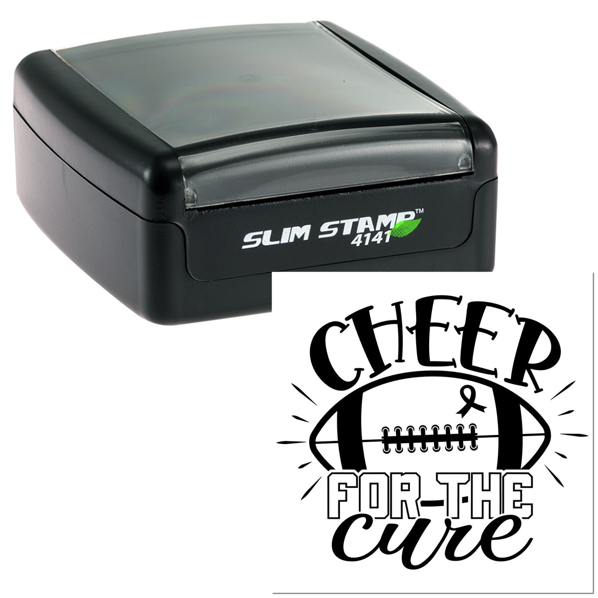 Black self-inking stamp with gray lid and custom Cheer for the Cure football seal design.